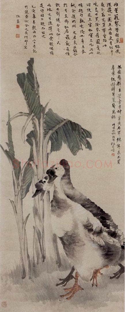 1878年 任伯年 《蕉阴鹅群》 书画作品