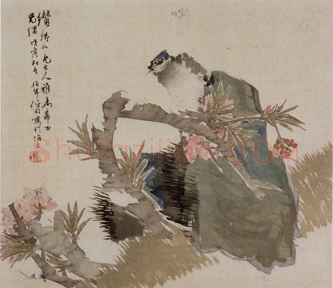 1878年 任伯年 《桃花鸟石图》 书画作品