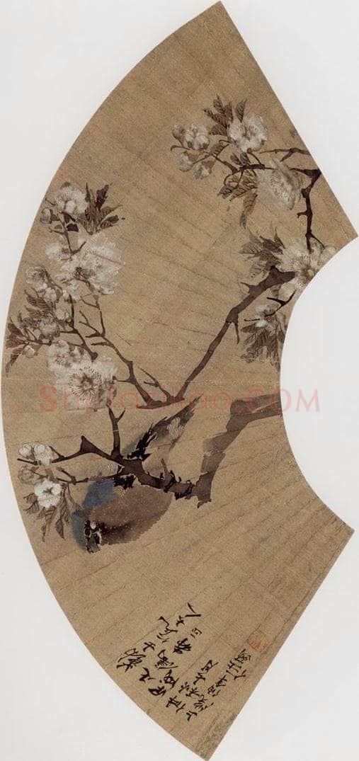 1874年 任伯年 《海棠鹦鹉》 书画作品