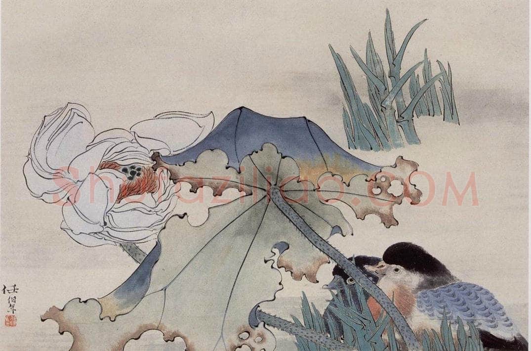 约19世纪70年代末期 任伯年 《荷花鸳鸯》 书画作品
