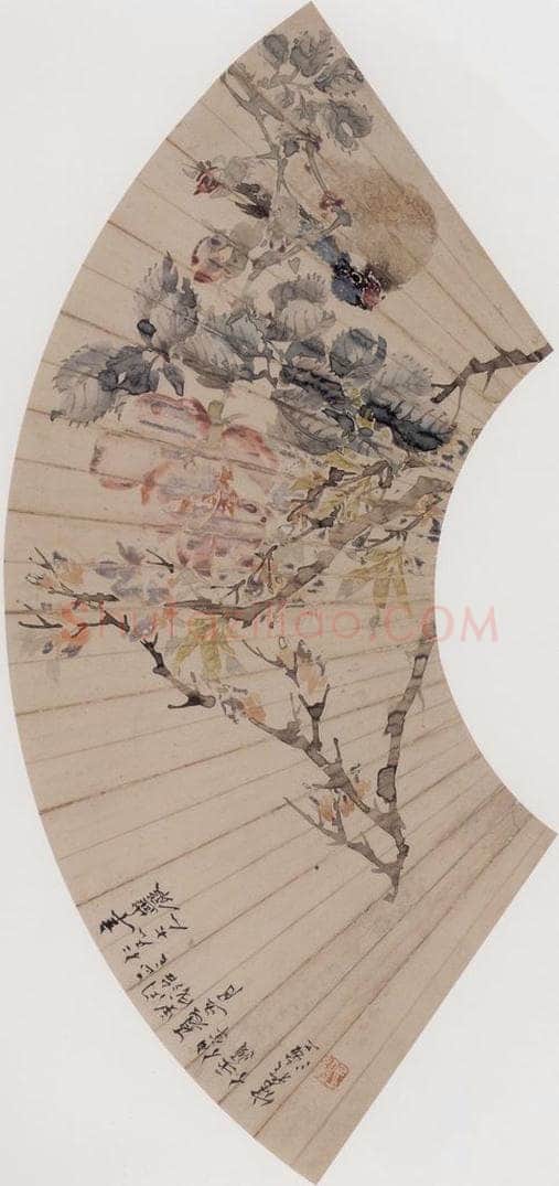 1874年 任伯年 《花枝蜡嘴图》 书画作品
