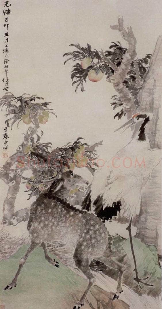 1879年 任伯年 《绥山鹤鹿图》 书画作品