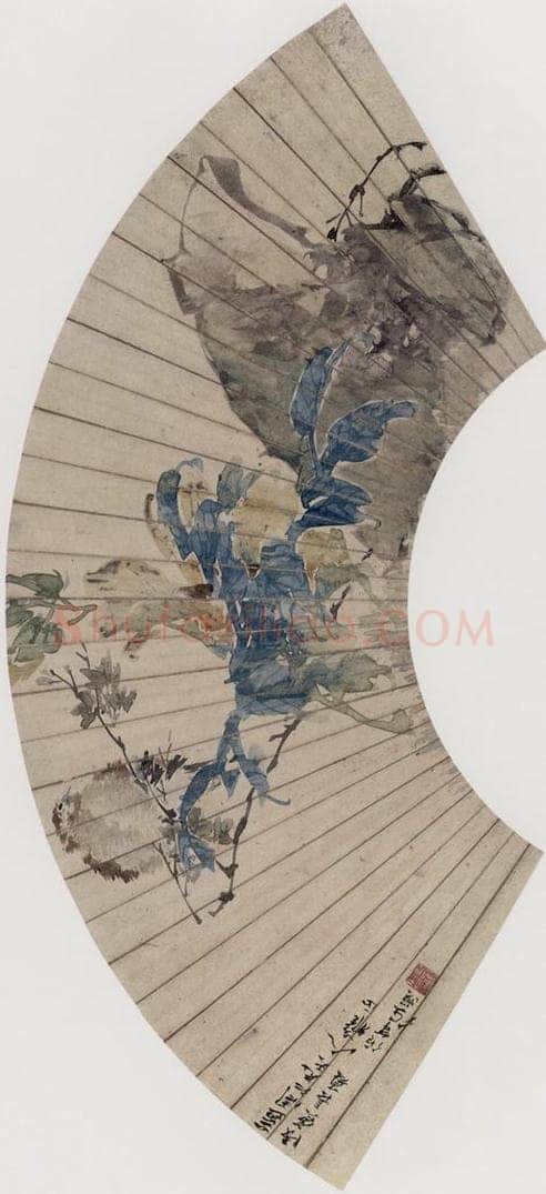 1878年 任伯年 《秋葵鸟石图》 书画作品