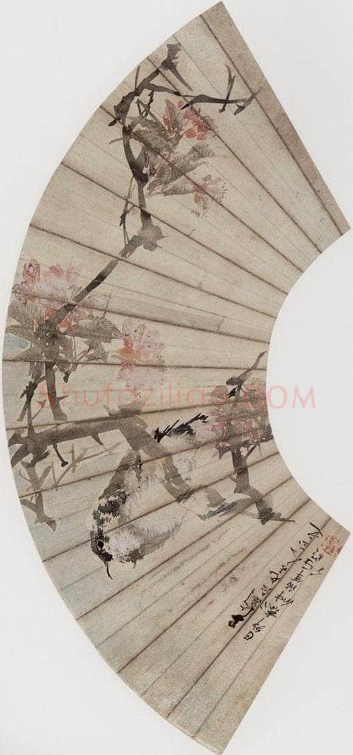 1879年 任伯年 《碧桃小鸟》 书画作品