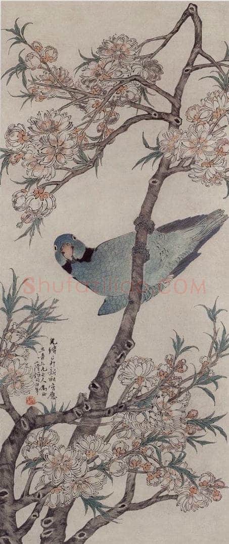 1879年 任伯年 《碧桃鹦鹉》 书画作品