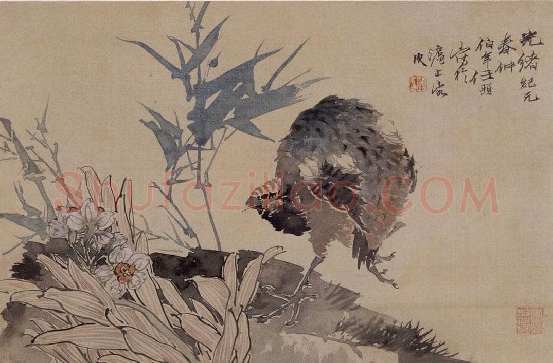 1875年 任伯年 《水仙竹鸡图》 书画作品