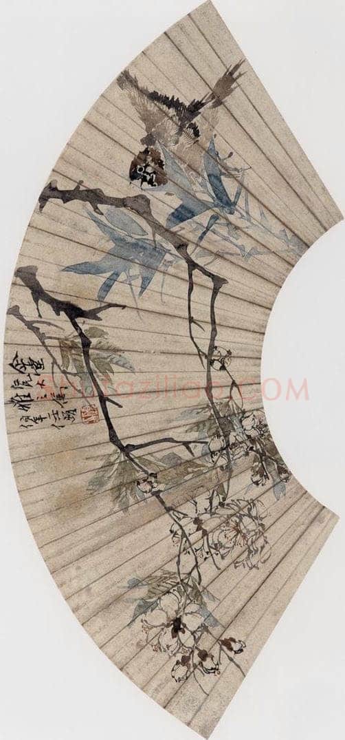 约19世纪70年代中期 任伯年 《折枝飞雀》 书画作品