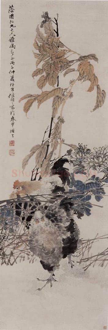 1876年 任伯年 《秋园双鸡图》 书画作品