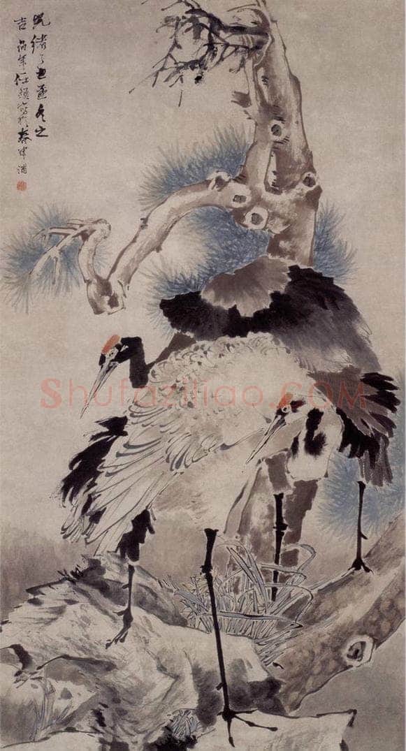 1877年 任伯年 《松石双鹤图》 书画作品