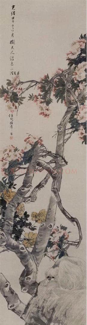 1882年 任伯年 《花阴小犬图》 书画作品
