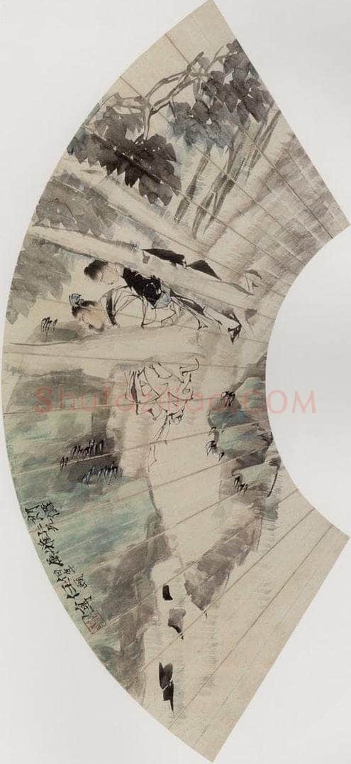 清 任伯年 《人物花鸟扇面册》 书画作品