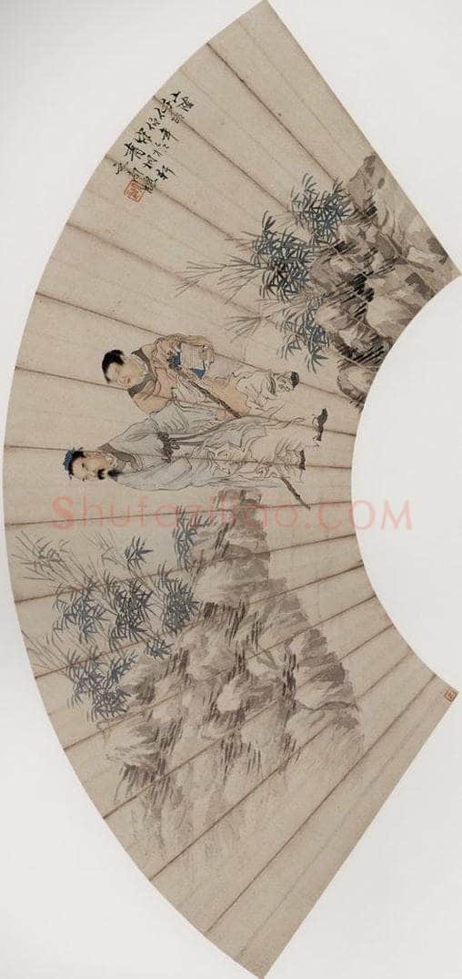 清 任伯年 《竹间策杖图》 书画作品