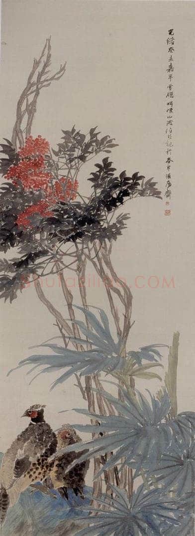 1883年 任伯年 《天竹雉鸡图》 书画作品
