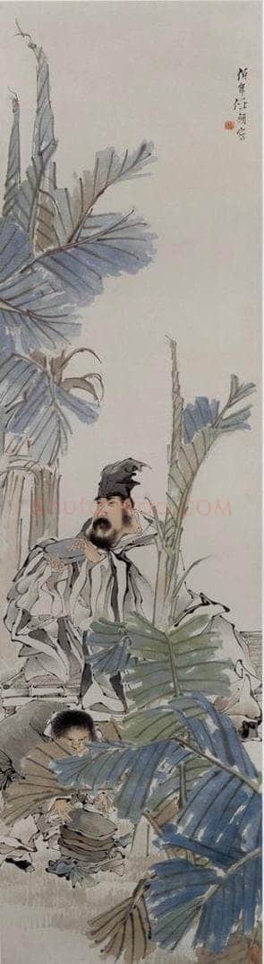 清 任伯年 《蕉阴品砚图》 书画作品