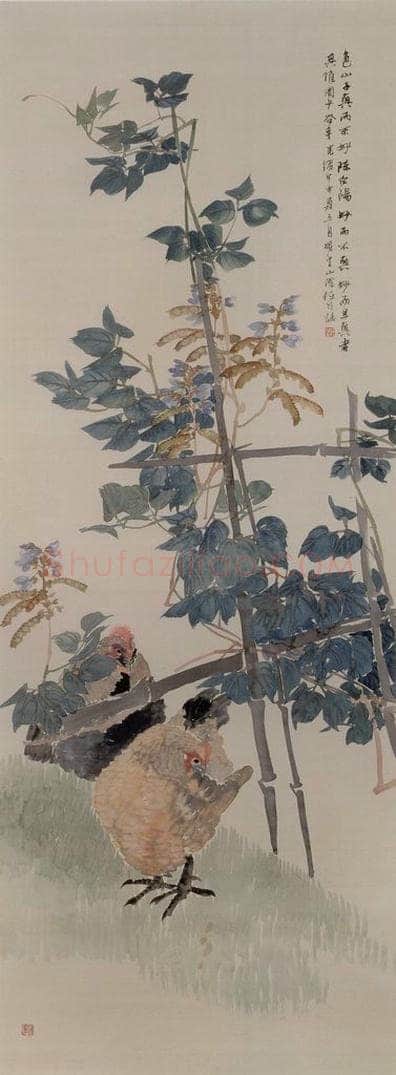 1884年 任伯年 《豆架双鸡图》 书画作品