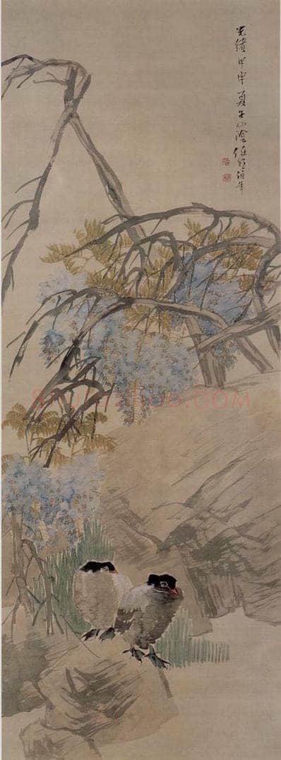 1884年 任伯年 《紫藤双禽图》 书画作品