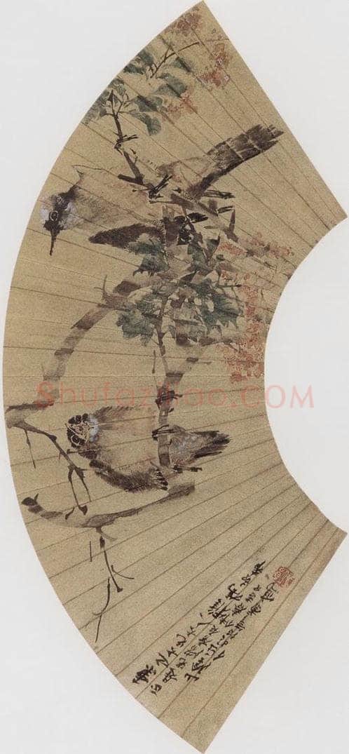 1880年 任伯年 《枝头鸣禽图》 书画作品