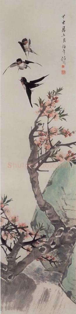 1884年 任伯年 《碧桃春燕图》 书画作品