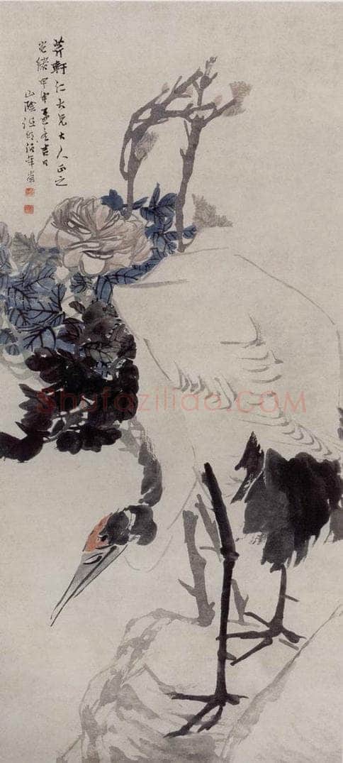 1884年 任伯年 《牡丹仙鹤图》 书画作品