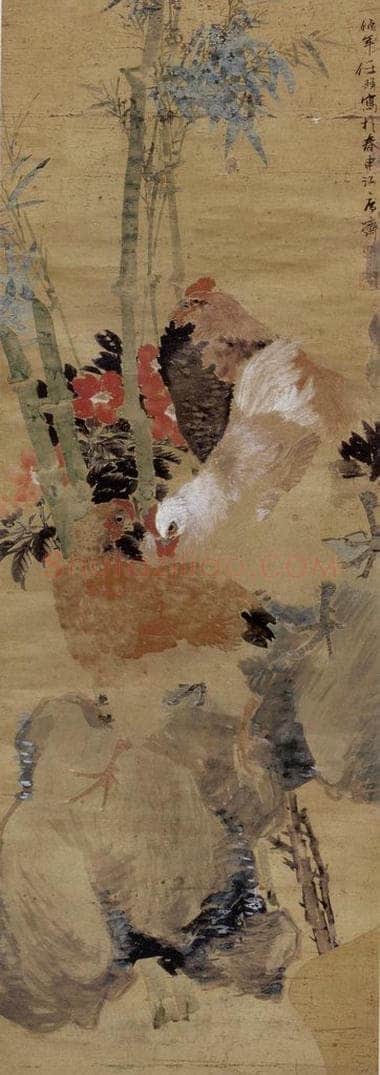 清 任伯年 《茶花三鸡图》 书画作品