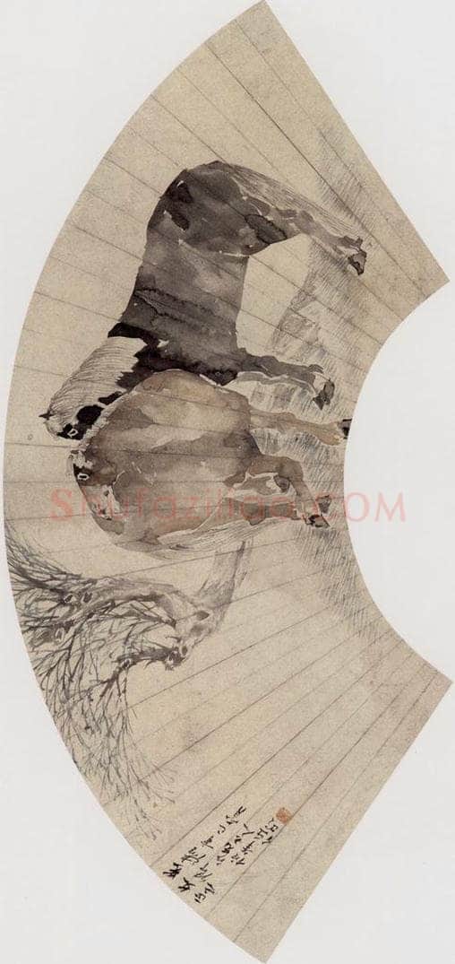 1881年 任伯年 《双马图》 书画作品