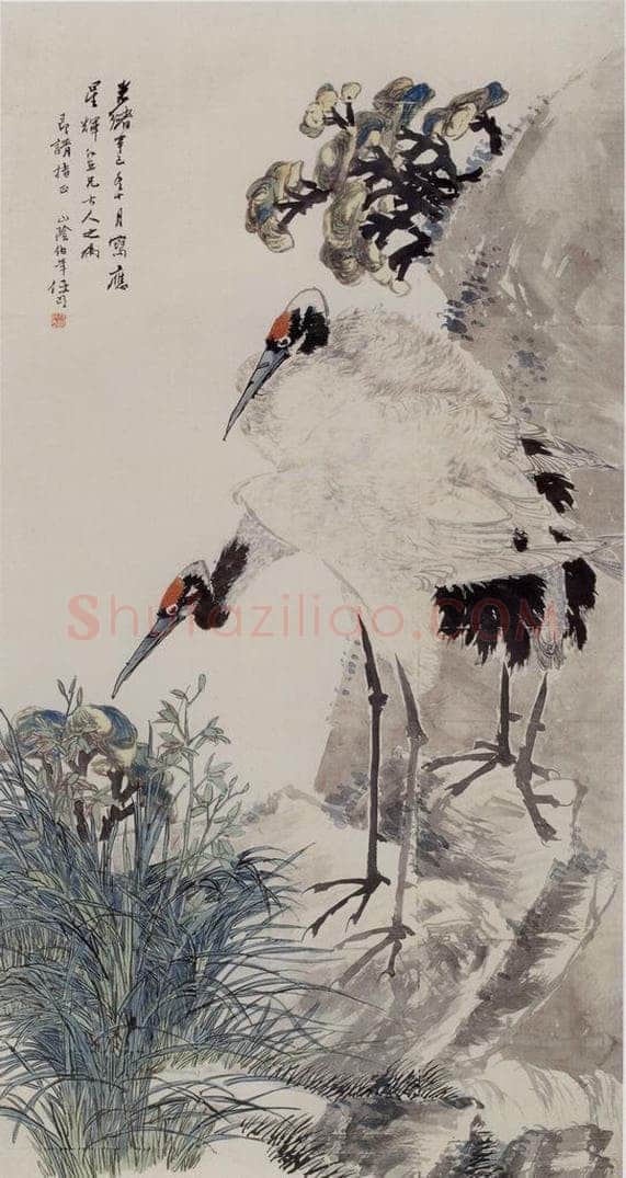 1881年 任伯年 《芝兰双鹤》 书画作品
