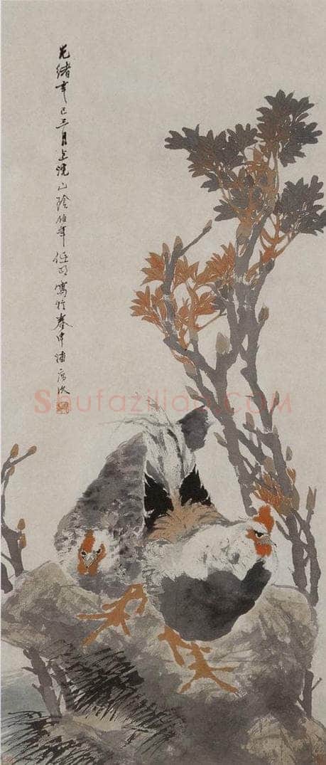 1881年 任伯年 《牡丹双鸡图》 书画作品