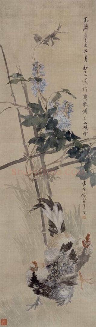 1881年 任伯年 《紫藤双鸡图》 书画作品
