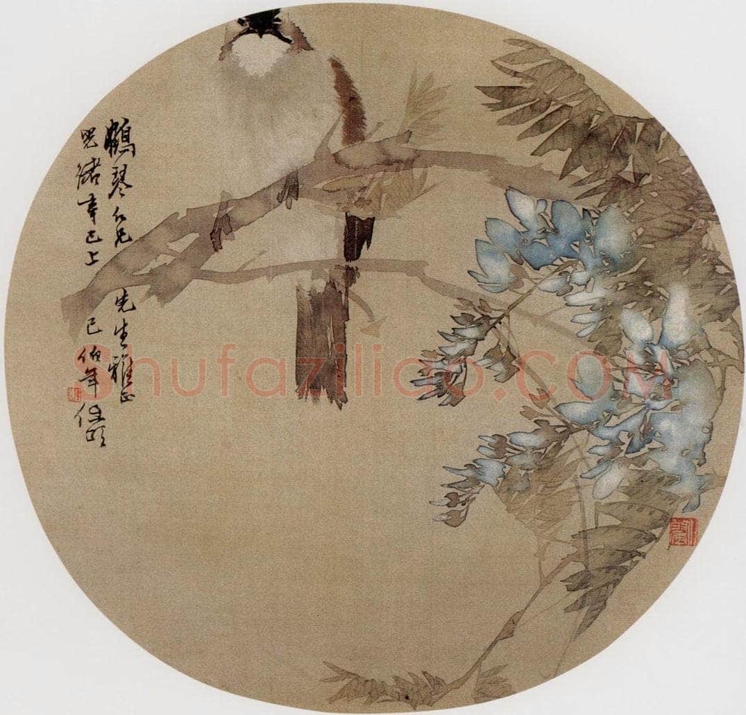 1881年 任伯年 《紫藤小鸟图》 书画作品