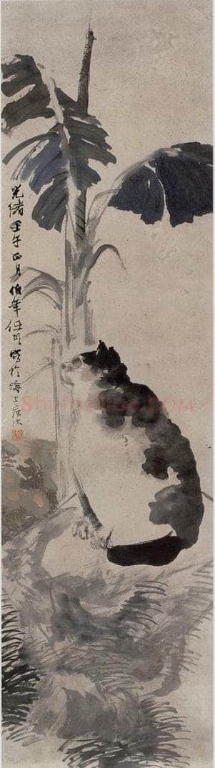1882年 任伯年 《芭蕉猫石图》 书画作品
