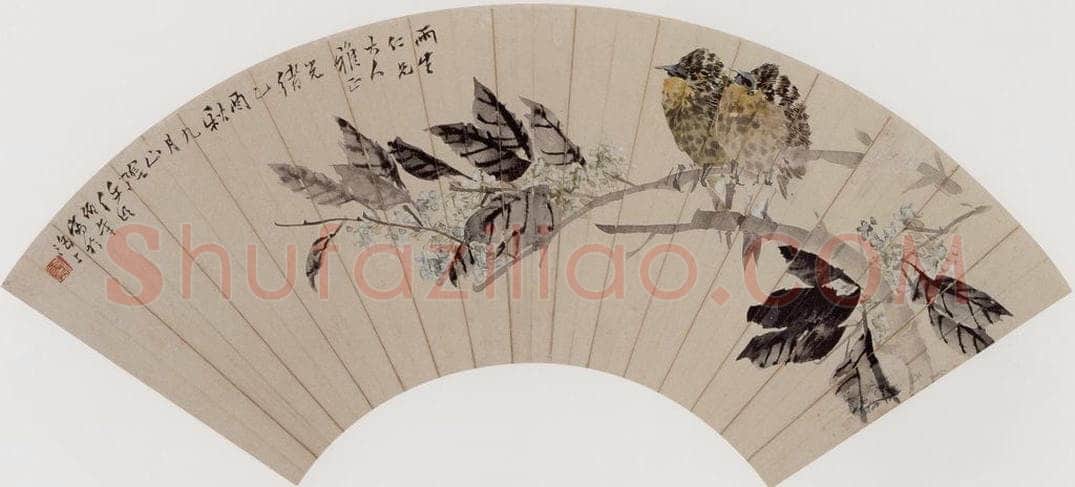 清 任伯年 《横枝双禽》 书画作品