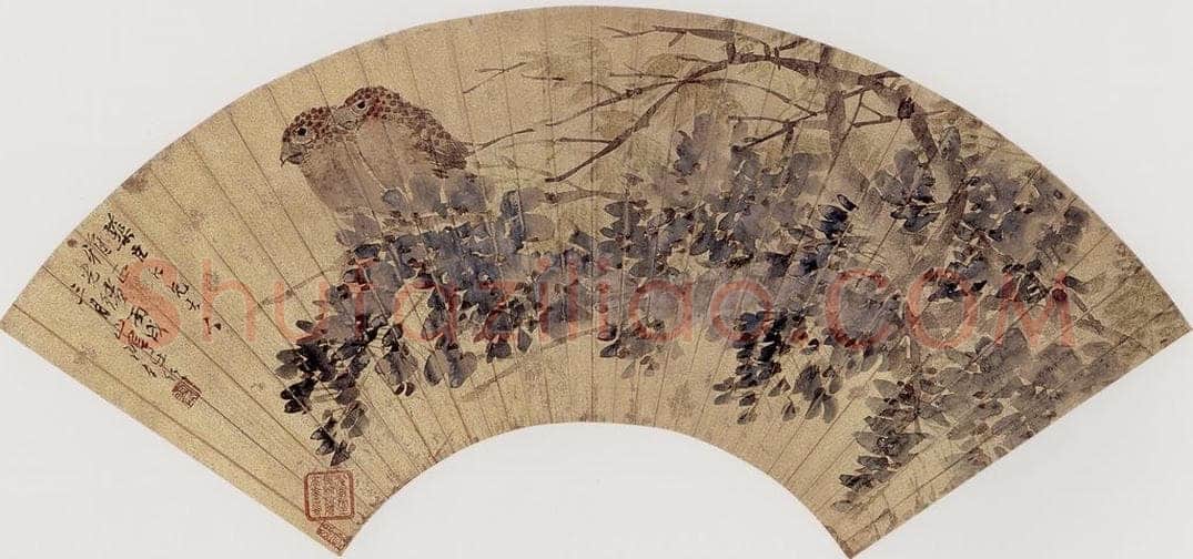 清 任伯年 《藤花双鸟》 书画作品