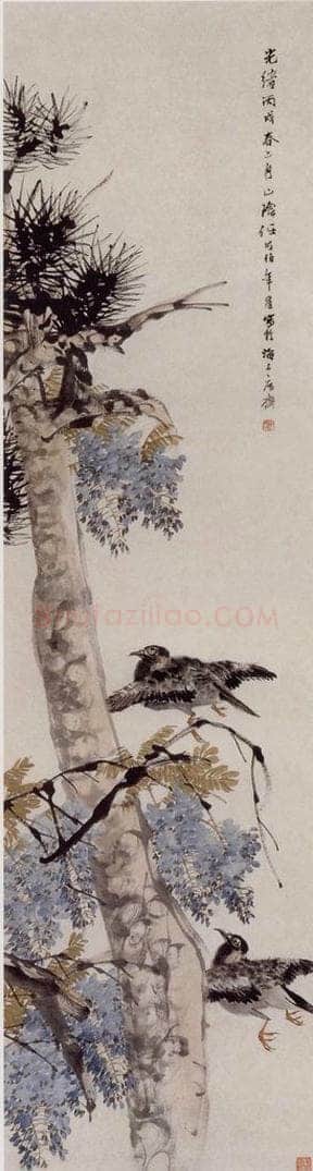 清 任伯年 《苍松紫藤图》 书画作品