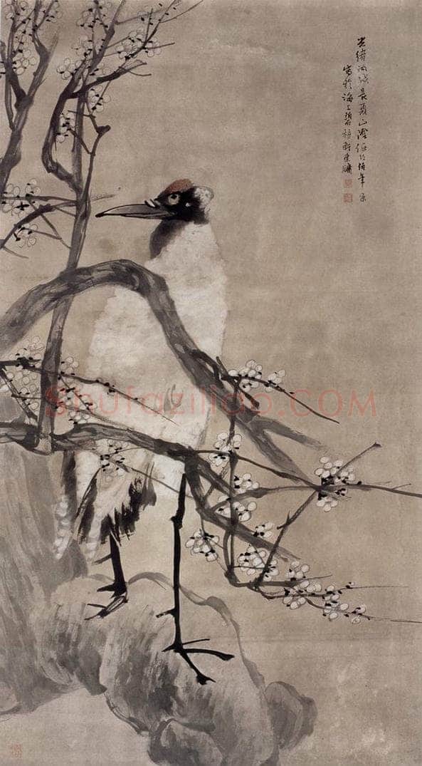 清 任伯年 《梅花仙鹤图》 书画作品