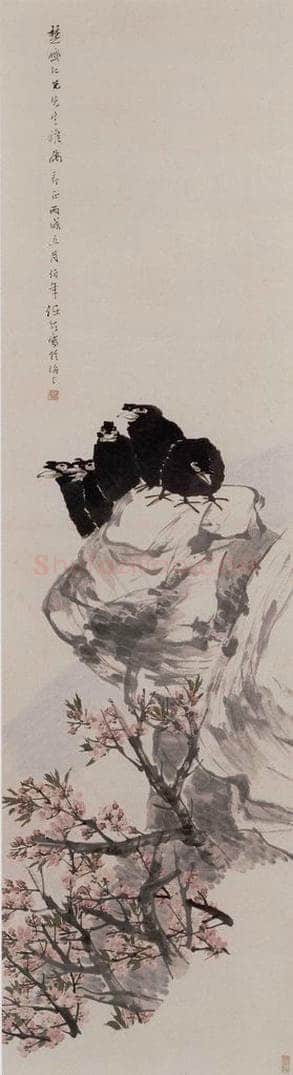 清 任伯年 《桃花鸲鹆图》 书画作品