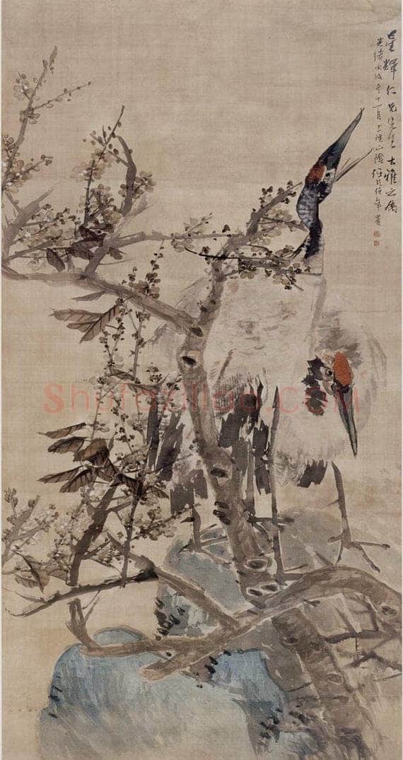 清 任伯年 《梅石双鹤》 书画作品