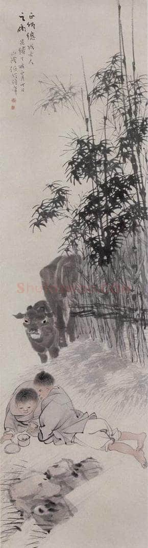 清 任伯年 《双童斗蟋蟀》 书画作品