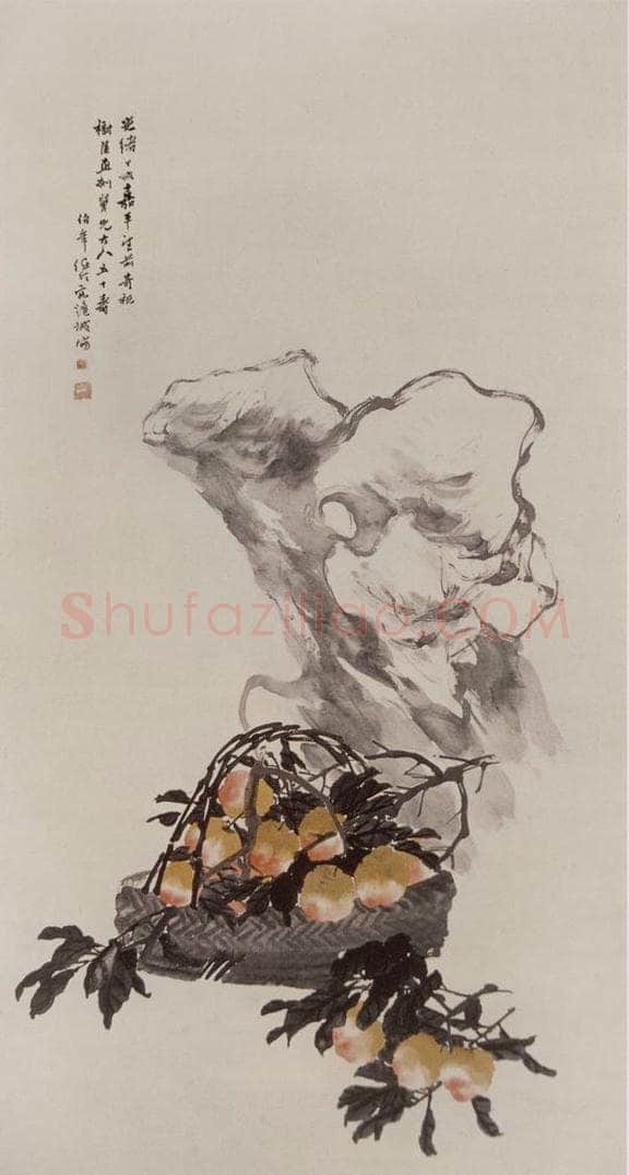 清 任伯年 《桃石图》 书画作品