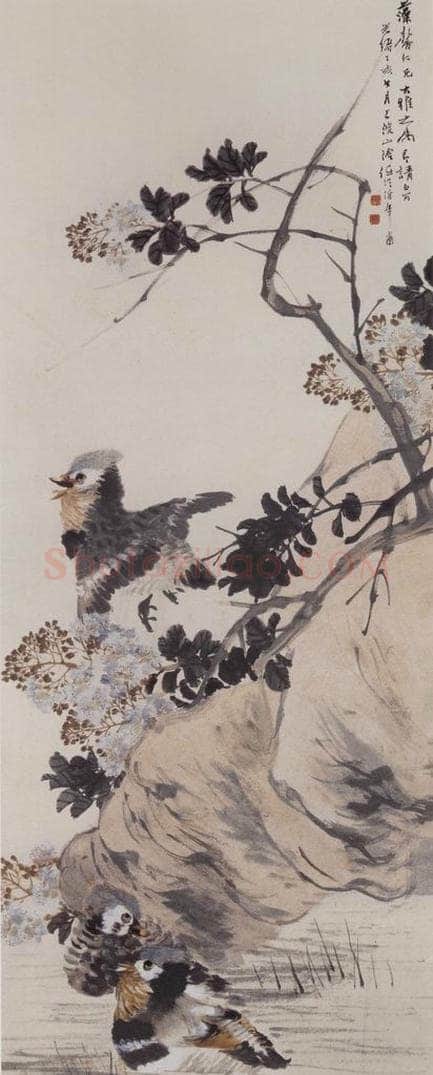 清 任伯年 《紫薇鸳鸯图》 书画作品