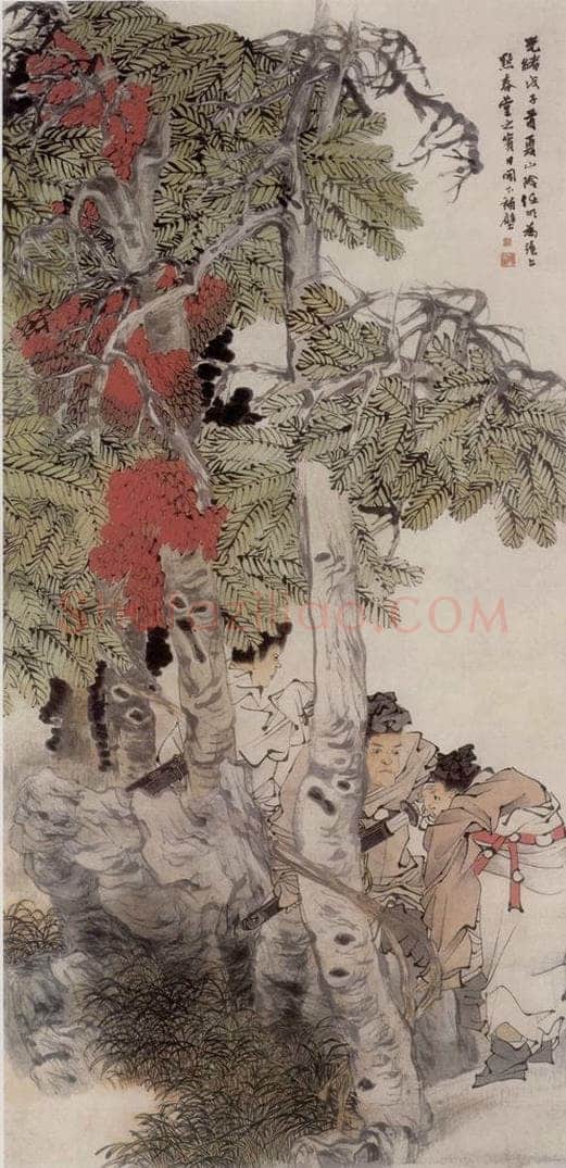 清 任伯年 《树阴观刀图》 书画作品