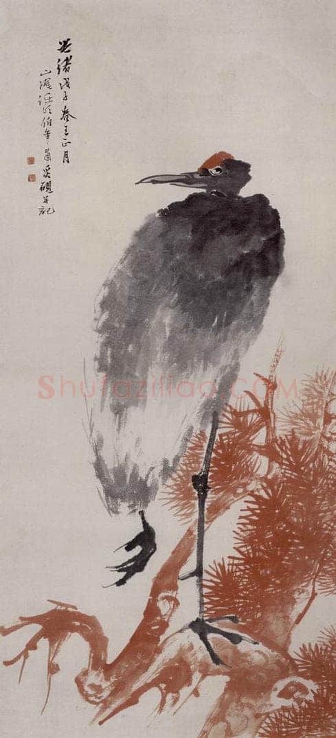 清 任伯年 《红松仙鹤图》 书画作品