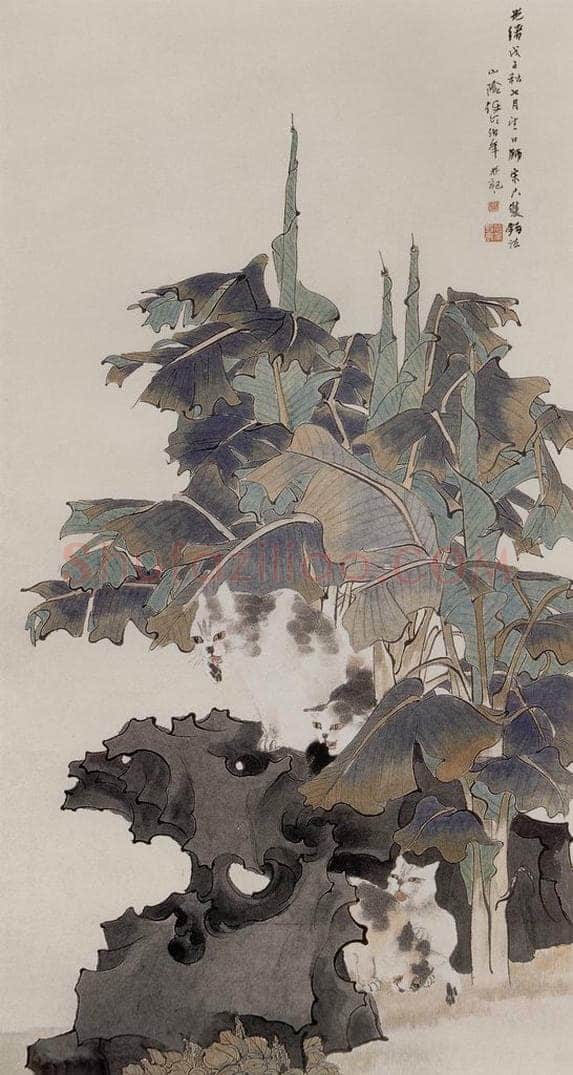 清 任伯年 《芭蕉狸猫图》 书画作品