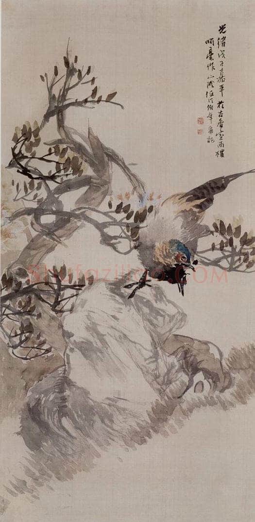 清 任伯年 《玉兰锦鸡图》 书画作品
