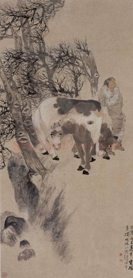 清 任伯年 《寒林牧马》 书画作品