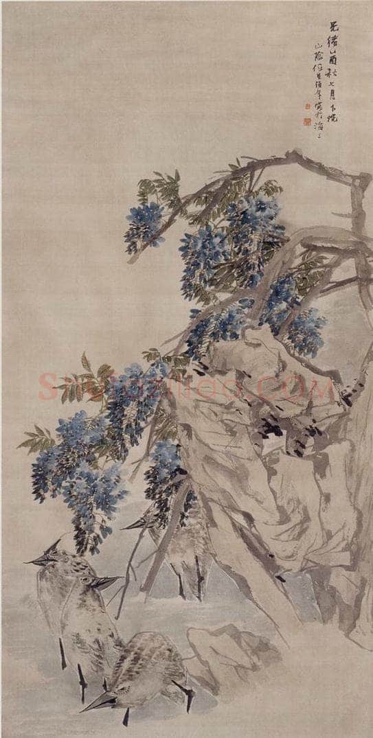 清 任伯年 《紫藤鹭鸶》 书画作品