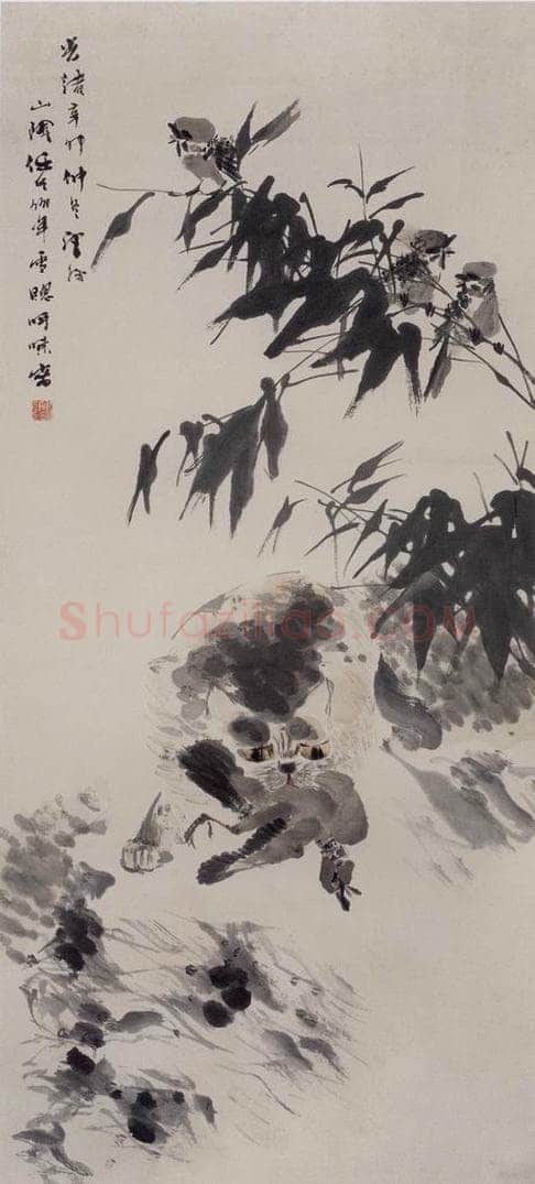 1891年 任伯年 《狸猫捕禽图》 书画作品