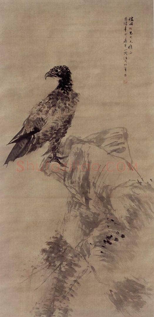 1891年 任伯年 《鹰石图》 书画作品