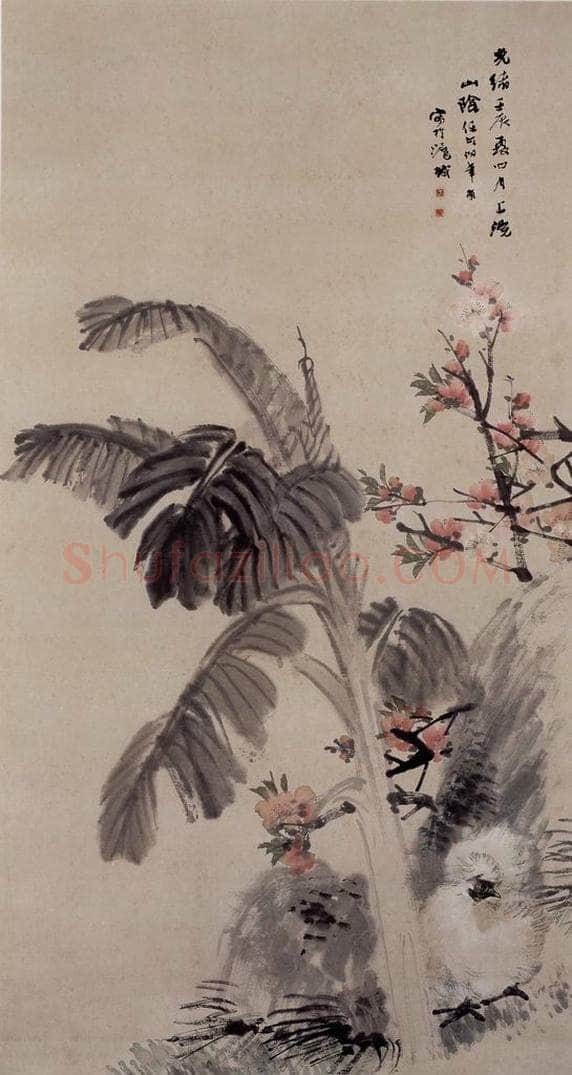 1892年 任伯年 《桃花白鸡图》 书画作品