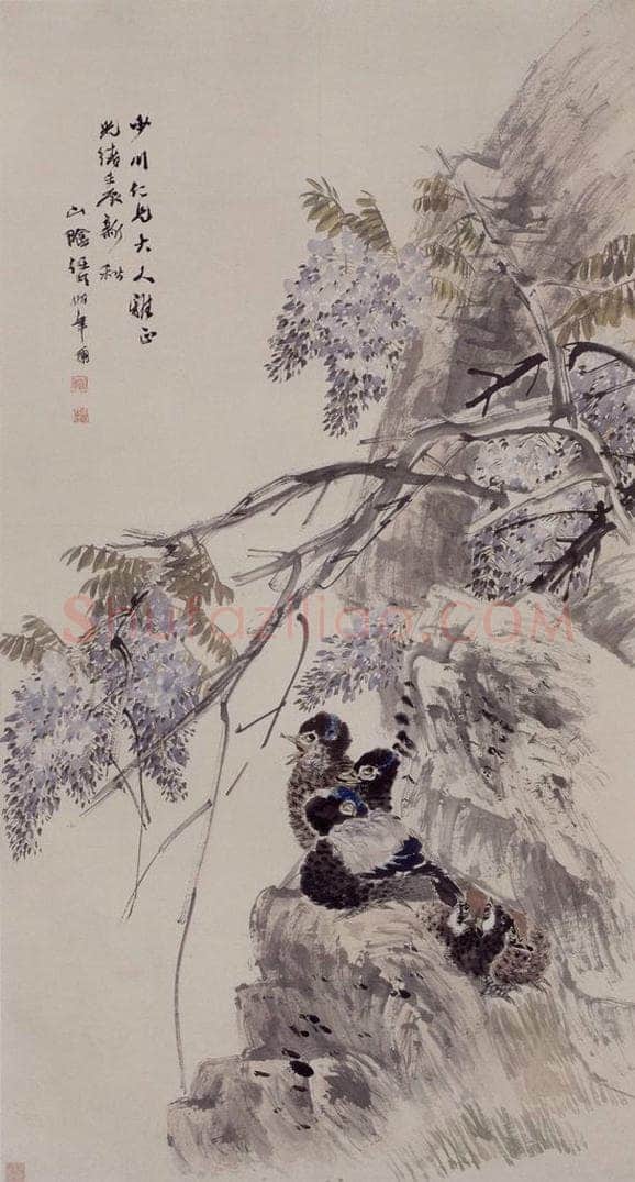 1892年 任伯年 《紫藤鸳鸯》 书画作品