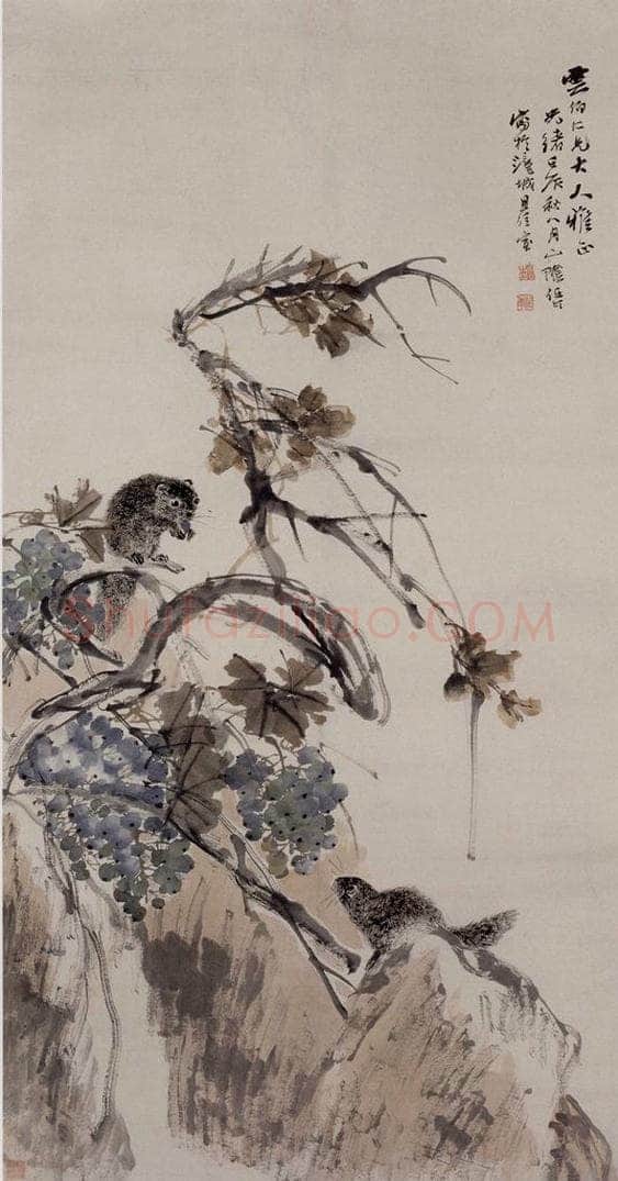 1892年 任伯年 《松鼠葡萄》 书画作品
